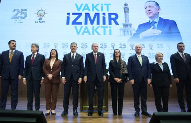 Turkish President and Leader of the Justice and Development (AK) Party Recep Tayyip Erdogan ANKARA, TURKIYE - OCTOBER 7: (----EDITORIAL USE ONLY - MANDATORY CREDIT - TURKISH PRESIDENCY MUSTAFA KAMACI HANDOUT - NO MARKETING NO ADVERTISING CAMPAIGNS - DISTRIBUTED AS A SERVICE TO CLIENTS----) Turkish President and Leader of the Justice and Development (AK) Party Recep Tayyip Erdogan pins an AK Party badge on Izmir Metropolitan Municipality Mayor Cemil Tugay (4th L), who joined the party, during the Legislative Year Opening Meeting with AK Party lawmakers at the AK Party Congress Center in Ankara, Turkiye, on October 07, 2026. Turkish Presidency Mustafa Kamaci Handout Anadolu Ankara Turkey. Editorial use only. Please get in touch fo  Copyright: x2026xAnadoluxTurkishxPresidencyx xMustafaxKamacix xHandoutx