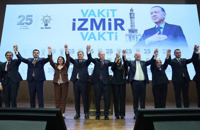 Legislative Year Opening Meeting with AK Party Deputies ANKARA, TURKIYE - OCTOBER 7: (----EDITORIAL USE ONLY - MANDATORY CREDIT - TURKISH PRESIDENCY MUSTAFA KAMACI HANDOUT - NO MARKETING NO ADVERTISING CAMPAIGNS - DISTRIBUTED AS A SERVICE TO CLIENTS----) Turkish President and Leader of the Justice and Development (AK) Party Recep Tayyip Erdogan (C) poses for a group photograph alongside Izmir Metropolitan Municipality Mayor Cemil Tugay (4th L) and his wife Oznur Tugay (4th R) during the Legislative Year Opening Meeting with AK Party Deputies at the AK Party Congress Center in Ankara, Turkiye on October 7, 2026. Turkish Presidency Mustafa Kamaci Handout Anadolu Ankara Turkey. Editorial use only. Please get in touch for any other  Copyright: x2026xAnadoluxTurkishxPresidencyx xMustafaxKamacix xHandoutx