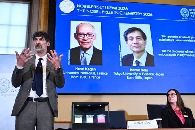 Henri Kagan and Kenso Soai are awarded the 2026 Nobel Prize in Chemistry during a press conference at the Royal Swedish Academy of Sciences in Stockholm, Sweden, on October 7, 2026 STOCKHOLM SWEDEN x10080x  Copyright: xFredrikxSandberg TTx SWEDEN NOBEL PRIZE 2026 CHEMISTRY kH_Fmq-2IN4