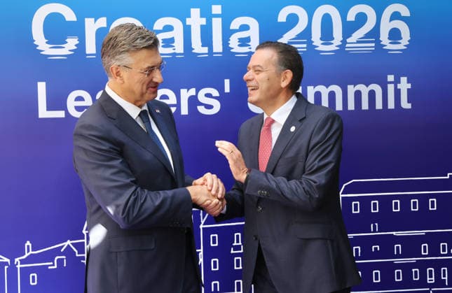 EU MED9 Prime Minister of Croatia Andrej Plenkovic welcomes Prime Minister of Potugal Luis Montenegro for EU MED9 summit at Split, Croatia on October 7, 2026.  IvoxCagalj PIXSELL