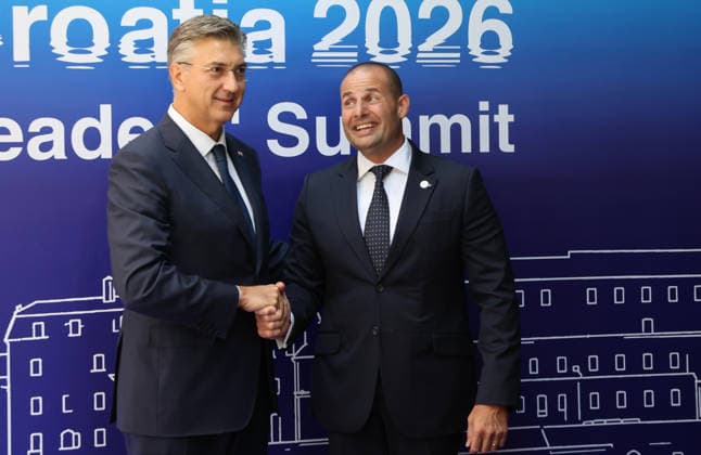 EU MED9 Prime Minister of Croatia Andrej Plenkovic welcomes Prime Minister of Malta Robert Abela for EU MED9 summit at Split, Croatia on October 7, 2026.  IvoxCagalj PIXSELL
