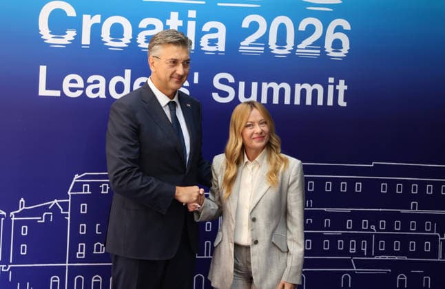 EU MED9 Prime Minister of Croatia Andrej Plenkovic welcomes Prime Minister of Italy Giorgia Meloni for EU MED9 summit at Split, Croatia on October 7, 2026.  IvoxCagalj PIXSELL