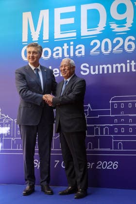 EU MED9 Prime Minister of Croatia Andrej Plenkovic welcomes President of the European Council Antonio Costa for EU MED9 summit at Split, Croatia on October 7, 2026.  IvanaxIvanovic PIXSELL
