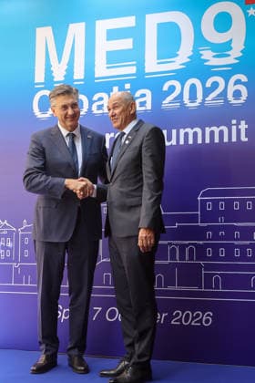 EU MED9 Prime Minister of Croatia Andrej Plenkovic welcomes Prime Minister of Slovenia Janez Jansa for EU MED9 summit at Split, Croatia on October 7, 2026.  IvanaxIvanovic PIXSELL