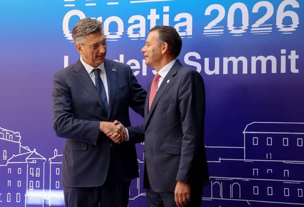EU MED9 Prime Minister of Croatia Andrej Plenkovic welcomes Prime Minister of Potugal Luis Montenegro for EU MED9 summit at Split, Croatia on October 7, 2026.  IvanaxIvanovic PIXSELL