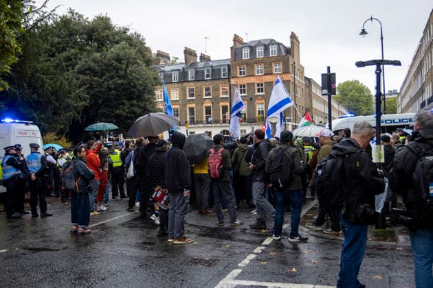 Pro-Israel Counter-Protest Disrupts Pro-Palestine Student March Russell Square, London, October 7, 2026 A pro-Palestine student march travelled from Lincoln™s Inn Fields towards Russell Square, where pro-Israel counter-protesters gathered with Israeli flags and placards. The counter-protest disrupted the student demonstration as police maintained a presence and kept the two groups separated., Credit:Zak Irfan Avalon  Copyright: xZakxIrfanx xAvalonx 1141227594