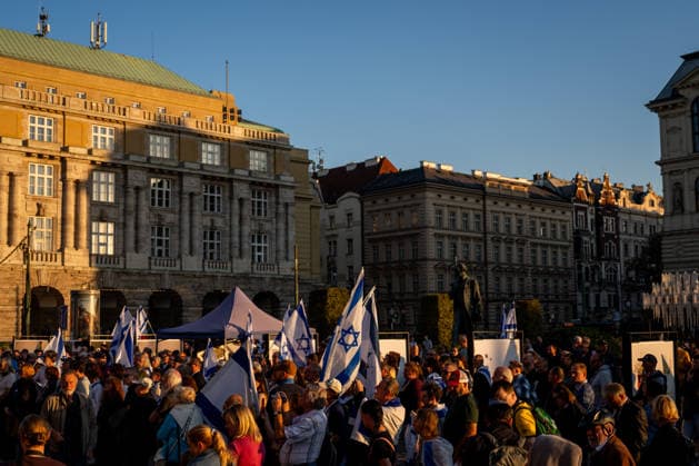 Several hundred people marked the third anniversary of the attacks on Israel by the Palestinian terrorist group Hamas at a gathering titled We Will Not Forget!, organised by the Czech Society of Friends of Israel, in front of the Rudolfinum concert hall in Jan Palach Square in Prague centre, Czech Republic, October 7, 2026. (CTKxPhoto OndrejxDeml) CTKPhotoP2026100707260  CTKPhotoP2026100707260
