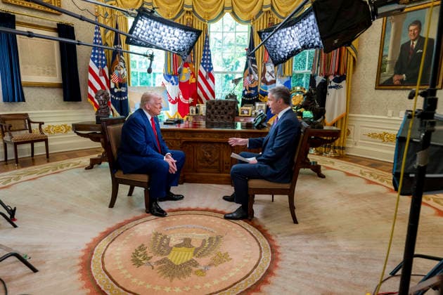 October 7, 2026, Washington, Dc, United States of America: U.S. President Donald Trump is interviewed by ABC News correspondent Terry Moran in the Oval Office of the White House, April 29, 2025 in Washington, D.C. The interview, recorded for a prime-time ABC News special marking the first 100 days of Trump s second term, covered tariffs, immigration and the war in Ukraine. Washington United States of America - ZUMAp138 20261007_zaa_p138_004 Copyright: xJoycexN.xBoghosian WhitexHousex