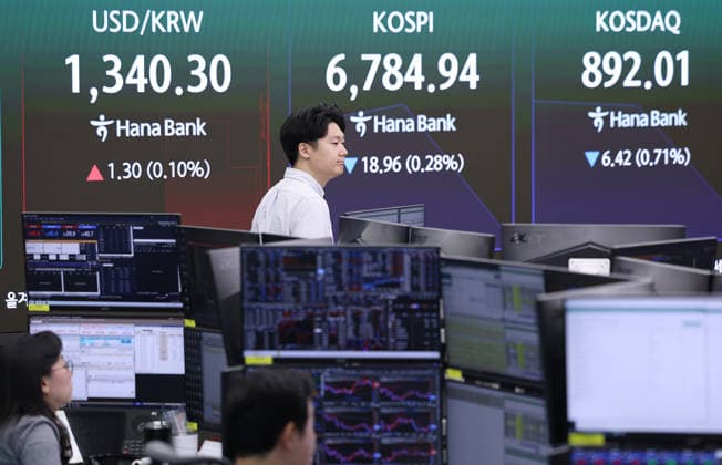 KOSPI falls KOSPI falls A financial data screen in the dealing room of Hana Bank in Seoul on Oct. 8, 2026, shows the benchmark Korea Composite Stock Price Index having lost 0.28 percent from the previous session to an intraday low of 6,784.94 in early trading. (Yonhap) 2026-10-08 09:42:45 <Copyright ¨Ï 1980-2026 YONHAPNEWS AGENCY. .> ¼­¿ïÆ¯º°½Ã EDITORIAL USE ONLY  Copyright: xx falls ???x yonphotos257498