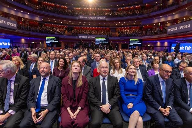 Conservative Party Conference, Day 4, The ICC Birmingham, UK - 07 Oct 2026 (L-R), British Shadow Secretary of State for Defence James Cartlidge, British Shadow Lord Chancellor Nick Timothy and British Shadow Secretary of State for Housing, Communities and Local Government Kaite Lam sitting in the front row, on the final day of the UK Conservative Party Conference in Birmingham The Conservative Party leader, Kemi Badenoch s gives her keynote speech at the International Convention Centre on the final day (day four) of the Conservative Party Conference at the International Convention Centre in Birmingham. The Conservative Party opened its annual conference under the slogan Stronger economy, stronger country Birmingham United Kingdom Copyright: xPhilxLewisx xSOPAxImagesx Phil-Lewis-1456686