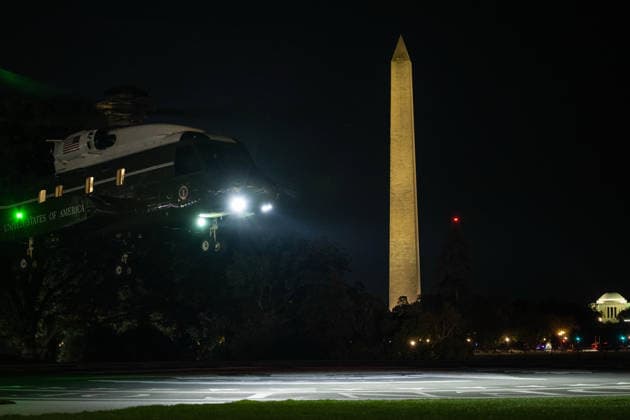 October 8, 2026, Washington, District Of Columbia, United States: President DONALD TRUMP arrives back at the White House aboard Marine One following a trip to San Antonio, Texas, where he attended a campaign rally ahead of the November midterm elections. Washington United States  - ZUMAk206 20261008_znp_k206_016 Copyright: xMattxKaminskyx