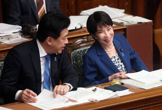 October 8, 2026, Tokyo, Japan - Japanese Prime Minister Sanae Takaichi (R) chats with Chief Cabinet Secretary Minoru Kihara (L) at Lower House s plenary session at the National Diet in Tokyo on Monday, October 8, 2026. (photo by Yoshio Tsunoda AFLO)  aflo_354274216
