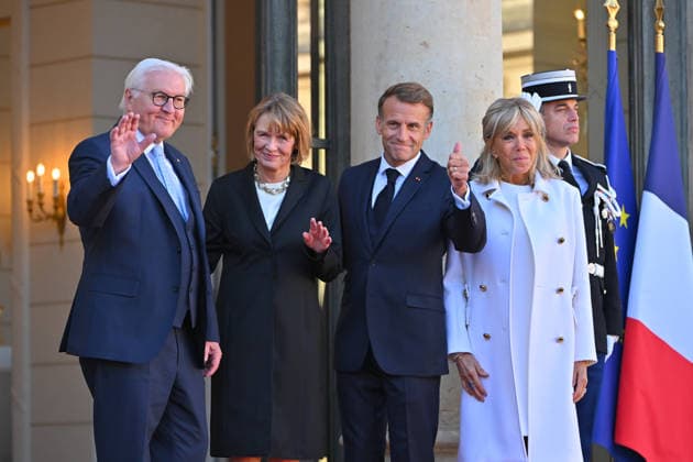 French president hosts German president, Elysee Palace, Paris, France French president Emmanuel Macron and his wife Mme Brigitte Macron host German President Mr Frank Walter Steinmeier and wife Mme Elke Budenbender at the Elysee Palace on October 08, 2026. Paris Elysee Palace Ile de France France