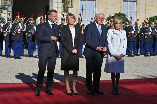 French president hosts German president, Elysee Palace, Paris, France French president Emmanuel Macron and his wife Mme Brigitte Macron host German President Mr Frank Walter Steinmeier and wife Mme Elke Budenbender at the Elysee Palace on October 08, 2026. Paris Elysee Palace Ile de France France