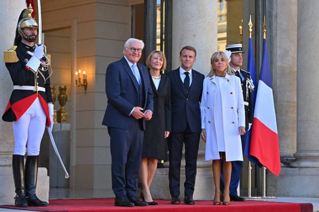French president hosts German president, Elysee Palace, Paris, France French president Emmanuel Macron and his wife Mme Brigitte Macron host German President Mr Frank Walter Steinmeier and wife Mme Elke Budenbender at the Elysee Palace on October 08, 2026. Paris Elysee Palace Ile de France France