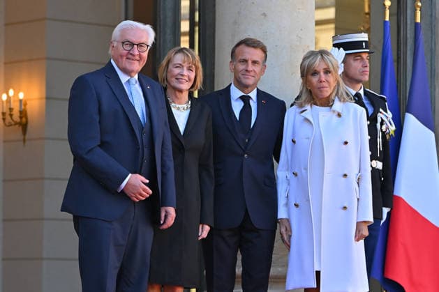 French president hosts German president, Elysee Palace, Paris, France French president Emmanuel Macron and his wife Mme Brigitte Macron host German President Mr Frank Walter Steinmeier and wife Mme Elke Budenbender at the Elysee Palace on October 08, 2026. Paris Elysee Palace Ile de France France