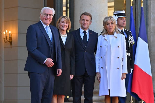 French president hosts German president, Elysee Palace, Paris, France French president Emmanuel Macron and his wife Mme Brigitte Macron host German President Mr Frank Walter Steinmeier and wife Mme Elke Budenbender at the Elysee Palace on October 08, 2026. Paris Elysee Palace Ile de France France
