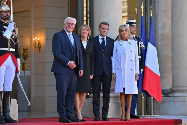 French president hosts German president, Elysee Palace, Paris, France French president Emmanuel Macron and his wife Mme Brigitte Macron host German President Mr Frank Walter Steinmeier and wife Mme Elke Budenbender at the Elysee Palace on October 08, 2026. Paris Elysee Palace Ile de France France