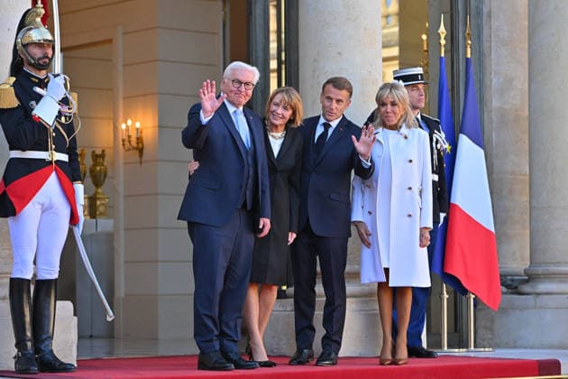 French president hosts German president, Elysee Palace, Paris, France French president Emmanuel Macron and his wife Mme Brigitte Macron host German President Mr Frank Walter Steinmeier and wife Mme Elke Budenbender at the Elysee Palace on October 08, 2026. Paris Elysee Palace Ile de France France