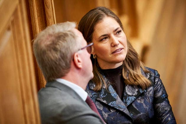 Opening debate in the Danish Parliament Morten Boedskov, The Social Democratic Party and Marie Bjerre, The Liberal Party during the opening debate in the Folketing Hall at Christiansborg on Thursday, October 8, 2026. (Photo: Thomas Traasdahl Ritzau Scanpix) , Copenhagen Denmark Copyright: RitzauxScanpix ThomasxTraasdahlx spdk20261008-112321-L
