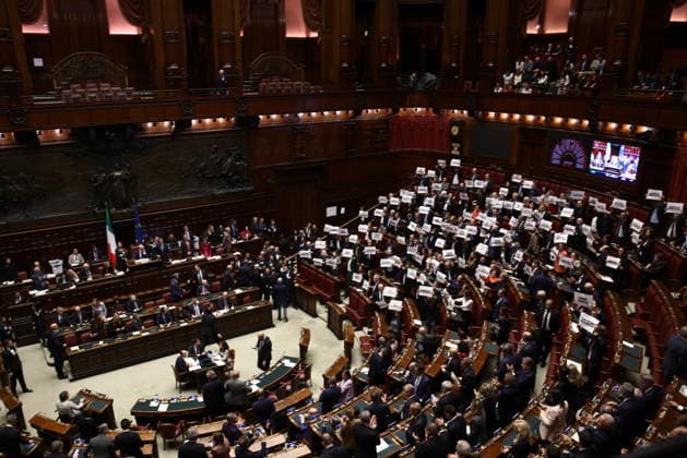 October 8, 2026, Rome, Rome, Italy: Opposition signs read This is a fraudulent law during the secret ballot vote on the new electoral law in the Chamber of Deputies, Rome, October 8, 2026. Rome Italy  - ZUMAa289 20261008_zia_a289_007 Copyright: xFrancescoxFotiax xAgfx