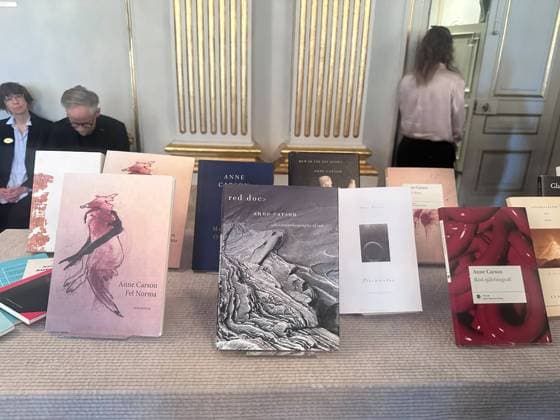 2026 Nobel Prize in Literature awarded to Canadian writer Anne Carson STOCKHOLM, SWEDEN - OCTOBER 08: Books by Canadian writer and poet Anne Carson are displayed during a press conference announcing the winner of the 2026 Nobel Prize in Literature at the Swedish Academy in Stockholm, Sweden, on October 08, 2026. The prize is awarded to 76-year-old Carson for her bold and inventive body of work, which has created new forms for contemporary literature through a playful dialogue with the classical tradition. Atila Altuntas Anadolu Stockholm Sweden. Editorial use only. Please get in touch for any other usage.  Copyright: x2026xAnadoluxAtilaxAltuntasx