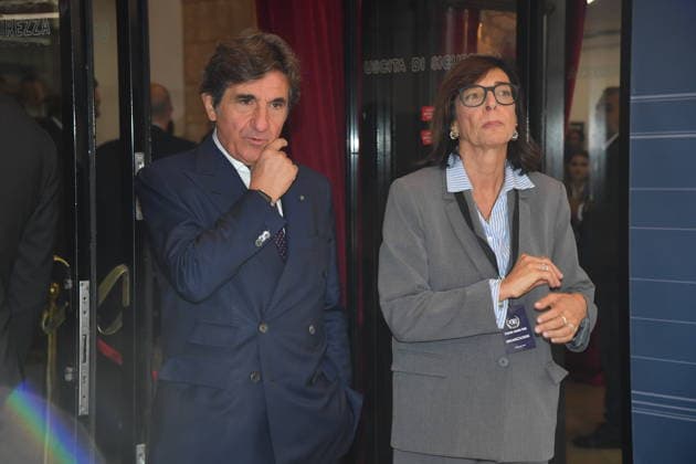 IPA89427729 - Rome, Teatro Sistina: Celebration marking the 150th anniversary of *Corriere della Sera*. Pictured: Fiorenza Sarzanini and Urbano Cairo  Copyright: xVincenzoxLandix xVincenzoxLandix IPA89427729