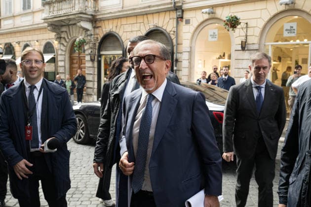 IPA89429549 - Senate President Ignazio La Russa upon his arrival at the Teatro Sistina for the celebrations marking the 150th anniversary of the *Corriere della Sera*, in Rome, Italy, on October 8, 2026. Flavio Brancaleone Fotogramma  Copyright: xFLAVIO_BRANCALONEx xx IPA89429549