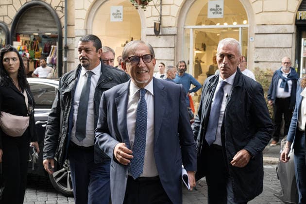 IPA89429543 - Senate President Ignazio La Russa upon his arrival at the Teatro Sistina for the celebrations marking the 150th anniversary of the *Corriere della Sera*, in Rome, Italy, on October 8, 2026. Flavio Brancaleone Fotogramma  Copyright: xFLAVIO_BRANCALONEx xx IPA89429543