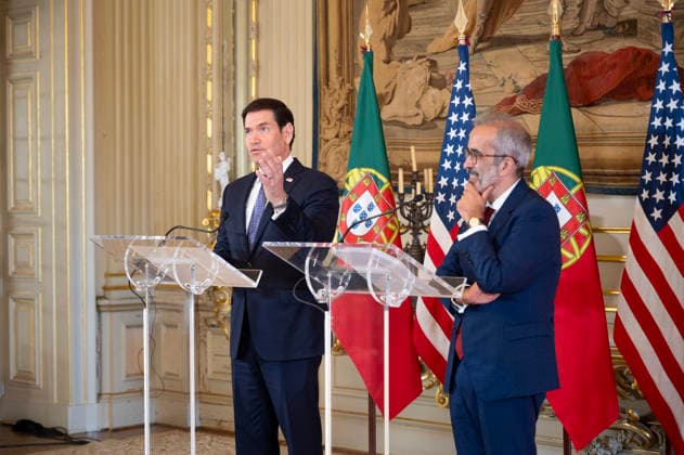 October 8, 2026, Lisbon, Lisbon, Portugal: U.S. Secretary of State MARCO RUBIO speaks and gestures at a lectern during a joint press conference with Portuguese Minister of State and Foreign Affairs PAULO RANGEL at Palacio das Necessidades in Lisbon, Portugal, on October 8, 2026. The media appearance follows their bilateral meeting during RUBIO s visit to advance defense, economic and technology cooperation. Lisbon Portugal - ZUMAr238 20261008_zip_r238_003 Copyright: xRicardoxRochax