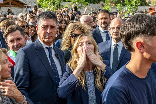 IPA89434856 - ASCOLI PICENO, ITALY OCTOBER 8, 2026: Prime Minister Giorgia Meloni attends the presentation and inauguration ceremony for the Palazzo Saladini Pilastri complex and its monumental park in Ascoli Piceno. The restoration project is part of the PINQuA program for urban regeneration and the enhancement of the city™s historical heritage. (Photo: Andrea Vagnoni IPA Agency)  Copyright: xAndreaxVagnonix xx IPA89434856
