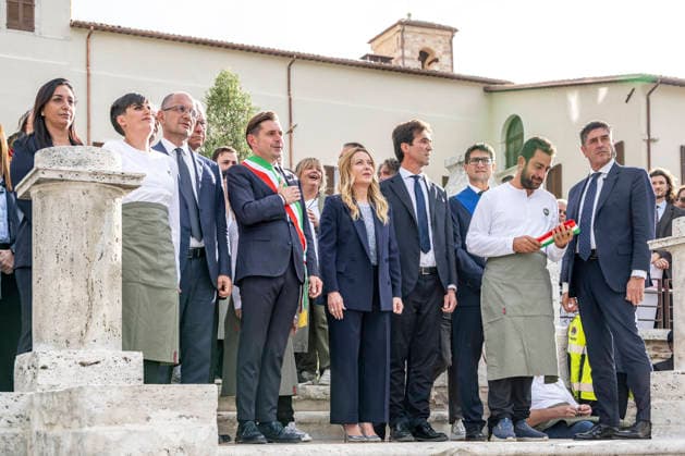 IPA89434813 - ASCOLI PICENO, ITALY OCTOBER 8, 2026: Prime Minister Giorgia Meloni attends the presentation and inauguration ceremony for the Palazzo Saladini Pilastri complex and its monumental park in Ascoli Piceno. The restoration project is part of the PINQuA program for urban regeneration and the enhancement of the city™s historical heritage. (Photo: Andrea Vagnoni IPA Agency)  Copyright: xAndreaxVagnonix xx IPA89434813