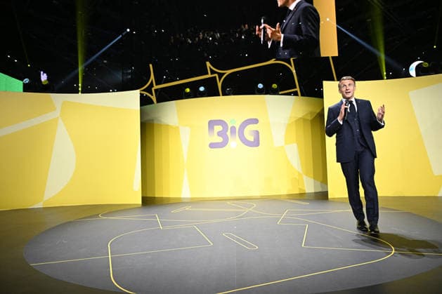 President Macron at Bpifrance Inno Generation - Paris France s President Emmanuel Macron delivers a speech on stage during the Bpifrance Inno Generation (BIG) event, one of Europe’s largest gatherings dedicated to entrepreneurs, in Paris, France on October 8, 2026. Photo by Jeanne Accorsini Pool ABACAPRESS.COM Paris France  Copyright: xAccorsinixJeanne Pool ABACAx