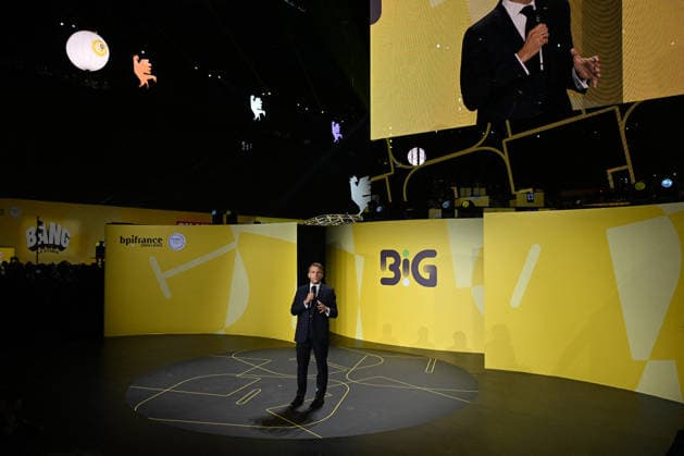 President Macron at Bpifrance Inno Generation - Paris France s President Emmanuel Macron delivers a speech on stage during the Bpifrance Inno Generation (BIG) event, one of Europe’s largest gatherings dedicated to entrepreneurs, in Paris, France on October 8, 2026. Photo by Jeanne Accorsini Pool ABACAPRESS.COM Paris France  Copyright: xAccorsinixJeanne Pool ABACAx