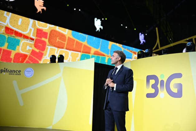 President Macron at Bpifrance Inno Generation - Paris France s President Emmanuel Macron delivers a speech on stage during the Bpifrance Inno Generation (BIG) event, one of Europe’s largest gatherings dedicated to entrepreneurs, in Paris, France on October 8, 2026. Photo by Jeanne Accorsini Pool ABACAPRESS.COM Paris France  Copyright: xAccorsinixJeanne Pool ABACAx