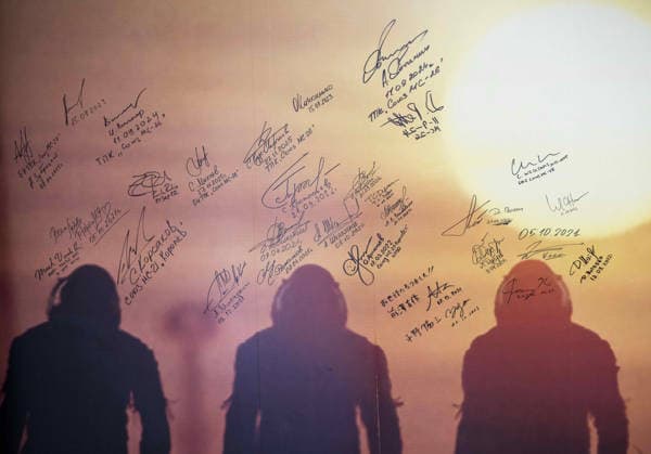 October 8, 2026, Baikonur, Kazakhstan: Baikonur, Kazakhstan. 14 July, 2026. A mural signed by astronauts and cosmonauts hangs at the Cosmonaut Hotel before the Expedition 75 crew adds its signatures, July 14, 2026 in Baikonur, Kazakhstan. The crew launched to the International Space Station later that day. Baikonur Kazakhstan - ZUMAp138 20261008_zaa_p138_028 Copyright: xBillxIngalls Nasax