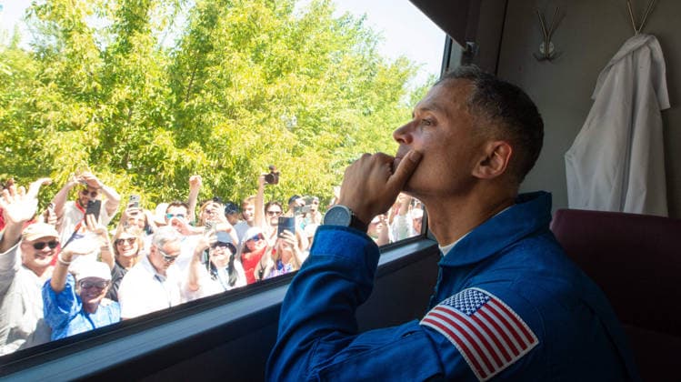 October 8, 2026, Baikonur, Kazakhstan: Baikonur, Kazakhstan. 14 July, 2026. NASA astronaut Anil Menon looks out the bus window as he departs the Cosmonaut Hotel with crewmates Anna Kikina and Pyotr Dubrov for suit-up, July 14, 2026 in Baikonur, Kazakhstan. The crew launched later that day to the International Space Station. Baikonur Kazakhstan - ZUMAp138 20261008_zaa_p138_037 Copyright: xPavelxShvets Gctcx