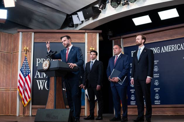 JD Vance During Immigration Program Announcement - Washington Vice President JD Vance gives remarks during an announcement in the South Court Auditorium of the Eisenhower Executive Office Building at the White House in Washington, DC, US, on Thursday, Oct. 8, 2026. The Trump administration said Thursday that it would suspend an immigration program for multiple tech firms, including Microsoft Corp., alleging widespread abuse of a worker visa system. Photo by Aaron Schwartz Pool ABACAPRESS.COM Washington District of Columbia  Copyright: xPool ABACAx