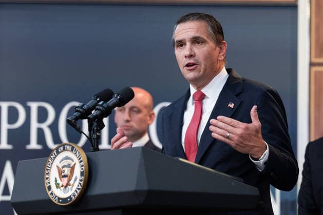 JD Vance During Immigration Program Announcement - Washington Attorney General Todd Blanche gives remarks during an announcement in the South Court Auditorium of the Eisenhower Executive Office Building at the White House in Washington, DC, US, on Thursday, Oct. 8, 2026. The Trump administration said Thursday that it would suspend an immigration program for multiple tech firms, including Microsoft Corp., alleging widespread abuse of a worker visa system. Photo by Aaron Schwartz Pool ABACAPRESS.COM Washington District of Columbia  Copyright: xPool ABACAx