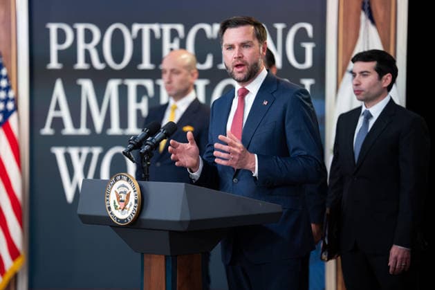 Vice President JD Vance gives remarks during an announcement in the South Court Auditorium of the Eisenhower Executive Office Building (EEOB) next to the White House in Washington, DC, on Thursday, October 8, 2026. The Trump administration said Thursday that it would suspend an immigration program for multiple tech firms, including Microsoft Corp., alleging widespread abuse of a worker visa system.  WASP20261008101 AaronxSchwartz