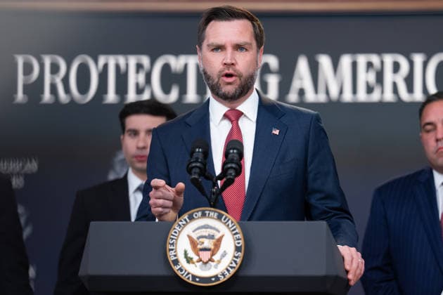 Vice President JD Vance gives remarks during an announcement in the South Court Auditorium of the Eisenhower Executive Office Building (EEOB) next to the White House in Washington, DC, on Thursday, October 8, 2026. The Trump administration said Thursday that it would suspend an immigration program for multiple tech firms, including Microsoft Corp., alleging widespread abuse of a worker visa system.  WASP20261008103 AaronxSchwartz
