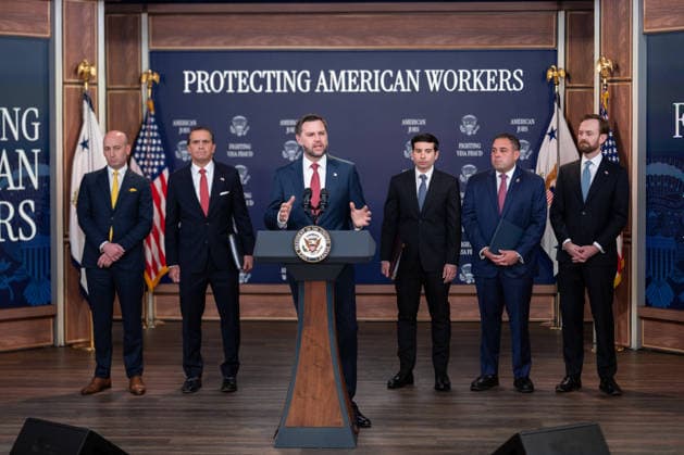 Vice President JD Vance gives remarks during an announcement in the South Court Auditorium of the Eisenhower Executive Office Building (EEOB) next to the White House in Washington, DC, on Thursday, October 8, 2026. The Trump administration said Thursday that it would suspend an immigration program for multiple tech firms, including Microsoft Corp., alleging widespread abuse of a worker visa system.  WASP20261008104 AaronxSchwartz