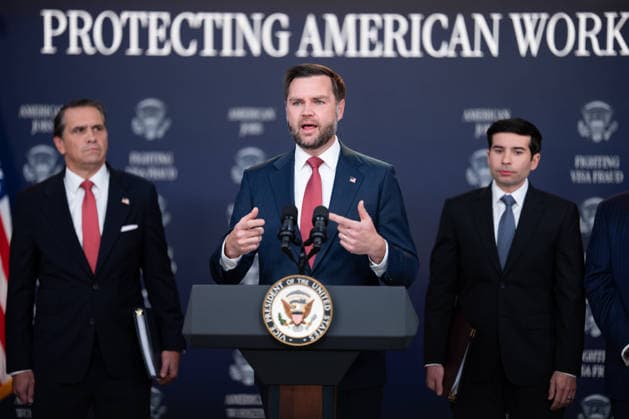 Vice President JD Vance gives remarks during an announcement in the South Court Auditorium of the Eisenhower Executive Office Building (EEOB) next to the White House in Washington, DC, on Thursday, October 8, 2026. The Trump administration said Thursday that it would suspend an immigration program for multiple tech firms, including Microsoft Corp., alleging widespread abuse of a worker visa system.  WASP20261008105 AaronxSchwartz