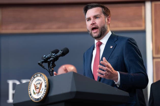 Vice President JD Vance gives remarks during an announcement in the South Court Auditorium of the Eisenhower Executive Office Building (EEOB) next to the White House in Washington, DC, on Thursday, October 8, 2026. The Trump administration said Thursday that it would suspend an immigration program for multiple tech firms, including Microsoft Corp., alleging widespread abuse of a worker visa system.  WASP20261008107 AaronxSchwartz