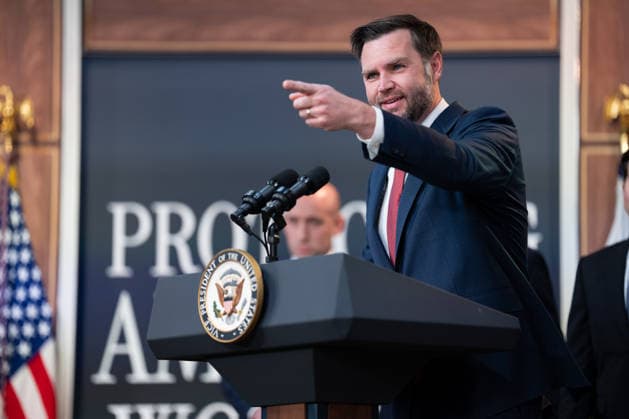 Vice President JD Vance gives remarks during an announcement in the South Court Auditorium of the Eisenhower Executive Office Building (EEOB) next to the White House in Washington, DC, on Thursday, October 8, 2026. The Trump administration said Thursday that it would suspend an immigration program for multiple tech firms, including Microsoft Corp., alleging widespread abuse of a worker visa system.  WASP20261008109 AaronxSchwartz