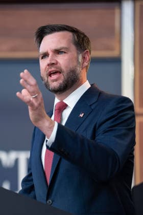 Vice President JD Vance gives remarks during an announcement in the South Court Auditorium of the Eisenhower Executive Office Building (EEOB) next to the White House in Washington, DC, on Thursday, October 8, 2026. The Trump administration said Thursday that it would suspend an immigration program for multiple tech firms, including Microsoft Corp., alleging widespread abuse of a worker visa system.  WASP20261008110 AaronxSchwartz