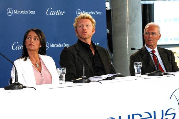 V.li.: Die drei Jurymitglieder Nadia Comaneci (Rumänien), Boris Becker und Franz Beckenbauer (beide Deutschland) Tennis Herren Laureus World Sports Award 2003, Nominierung, Pressekonferenz, PK, Pressetermin, Sportlerwahl Gruppe Sportoscar, Award, Awards, Sport, Sports Berlin