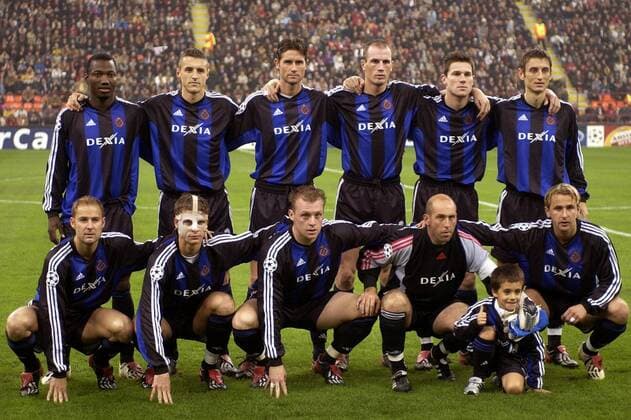Mannschaftsfoto Brügge, h.R.v.li.: Andres Mendoza, Timmy Simons, Sandy Martens, Philippe Clement, Peter van der Heyden, Ivan Gvozdenovic; v.R.v.li.: Olivier de Cock, David Rozehnal, Birger Maertens, Torwart Dany Verlinden, Nastja Ceh Fußball EC 1 Herren Champions League 2003 2004, Mailand - FC Brügge 0:1 Totale Mailand