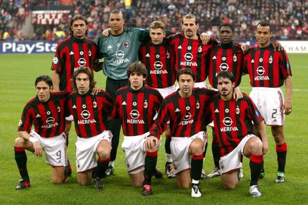 Mannschaftsbild Milan hi.v.li.: Paolo Maldini, Torwart Dida, Andrej Schewtschenko, Giuseppe Pancaro, Clarence Seedorf, Cafu; vorn: Filippo Inzaghi, Andrea Pirlo, Kaka, Alessandro Costacurta, Gennaro Gattuso Fußball EC 1 Herren Champions League 2003 2004, AC Mailand, Viertelfinale, Vdig Totale Mailand