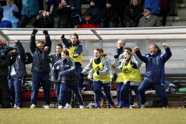 Siegesjubel FFC Frankfurt - v.re. feiert die Bank mit Trainer Dr. Hans Jürgen Tritschoks, Susanne Hartel, Nia Künzer, Christina Zerbe, Co Trainer Ronny Boretti und Torwarttrainer Andreas Kalusche den 2:1 Erfolg Fußball 1. BL Damen Saison 2004 2005, Frauen, Frauenfußball, 1. FFC Frankfurt, Vdig, Totale Frankfurt M. Begeisterung, Freude,